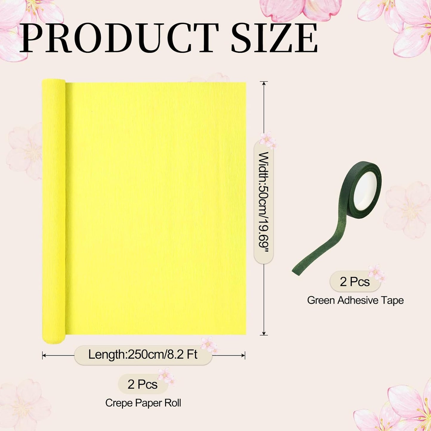 19.7" Wide 8.2Ft Long Crepe Paper Roll, Thickened Crepe Paper Sheets with Adhesive Tape for Flower Making DIY Gift Wrapping Wedding Ceremony Decoration (Lemon Yellow, Pack of 2)