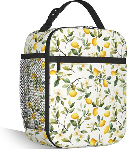 Lemon Summer Lunch Tote for Women, Cute Insulated Lunch Bag | Stylish lemon pattern lunch bag with insulated interior, reusable cooler tote for work, office, picnic and everyday use