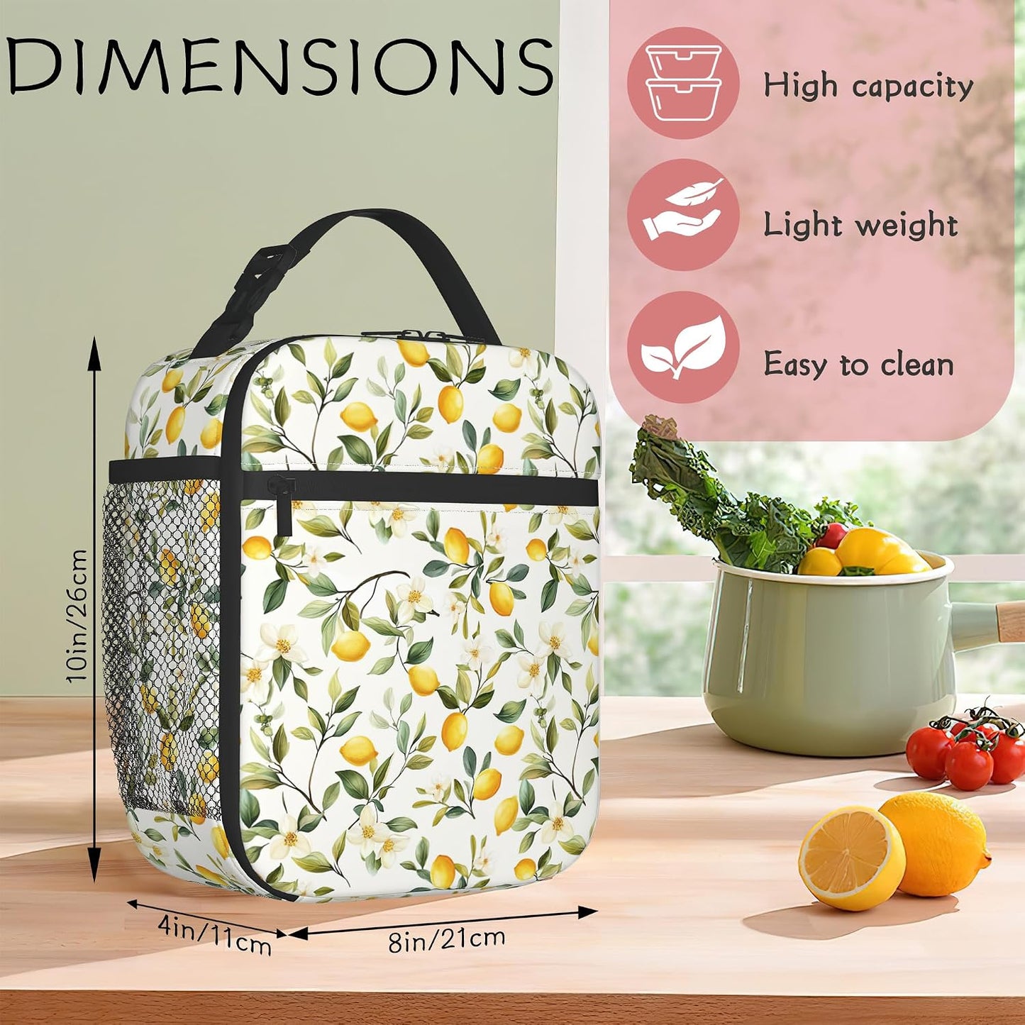 Lemon Summer Lunch Tote for Women, Cute Insulated Lunch Bag | Stylish lemon pattern lunch bag with insulated interior, reusable cooler tote for work, office, picnic and everyday use