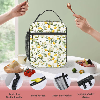 Lemon Summer Lunch Tote for Women, Cute Insulated Lunch Bag | Stylish lemon pattern lunch bag with insulated interior, reusable cooler tote for work, office, picnic and everyday use