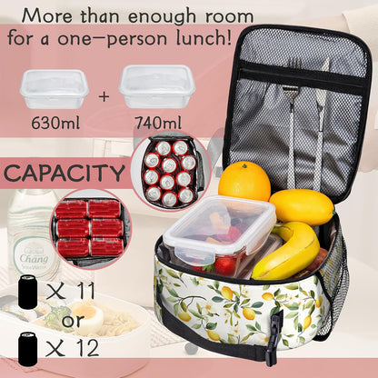 Lemon Summer Lunch Tote for Women, Cute Insulated Lunch Bag | Stylish lemon pattern lunch bag with insulated interior, reusable cooler tote for work, office, picnic and everyday use