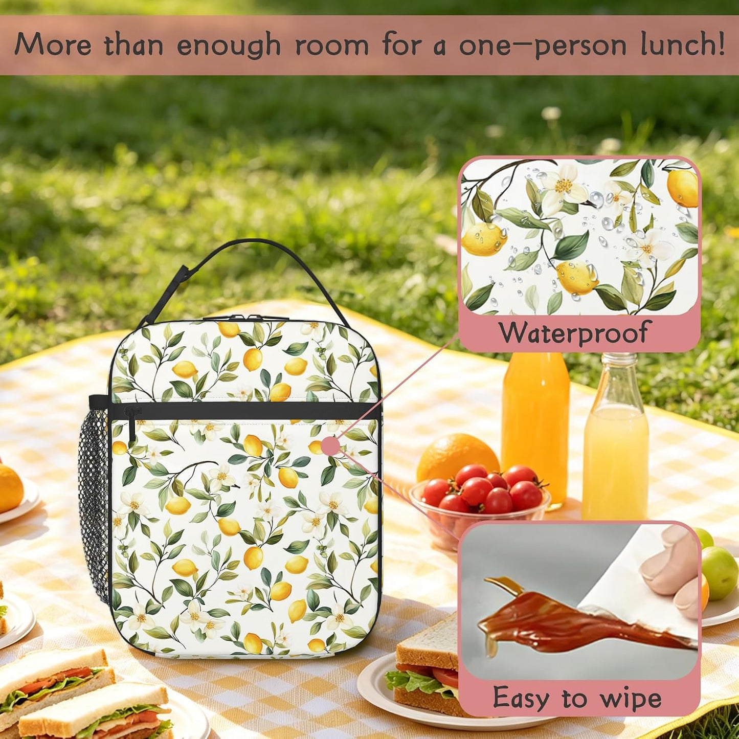 Lemon Summer Lunch Tote for Women, Cute Insulated Lunch Bag | Stylish lemon pattern lunch bag with insulated interior, reusable cooler tote for work, office, picnic and everyday use