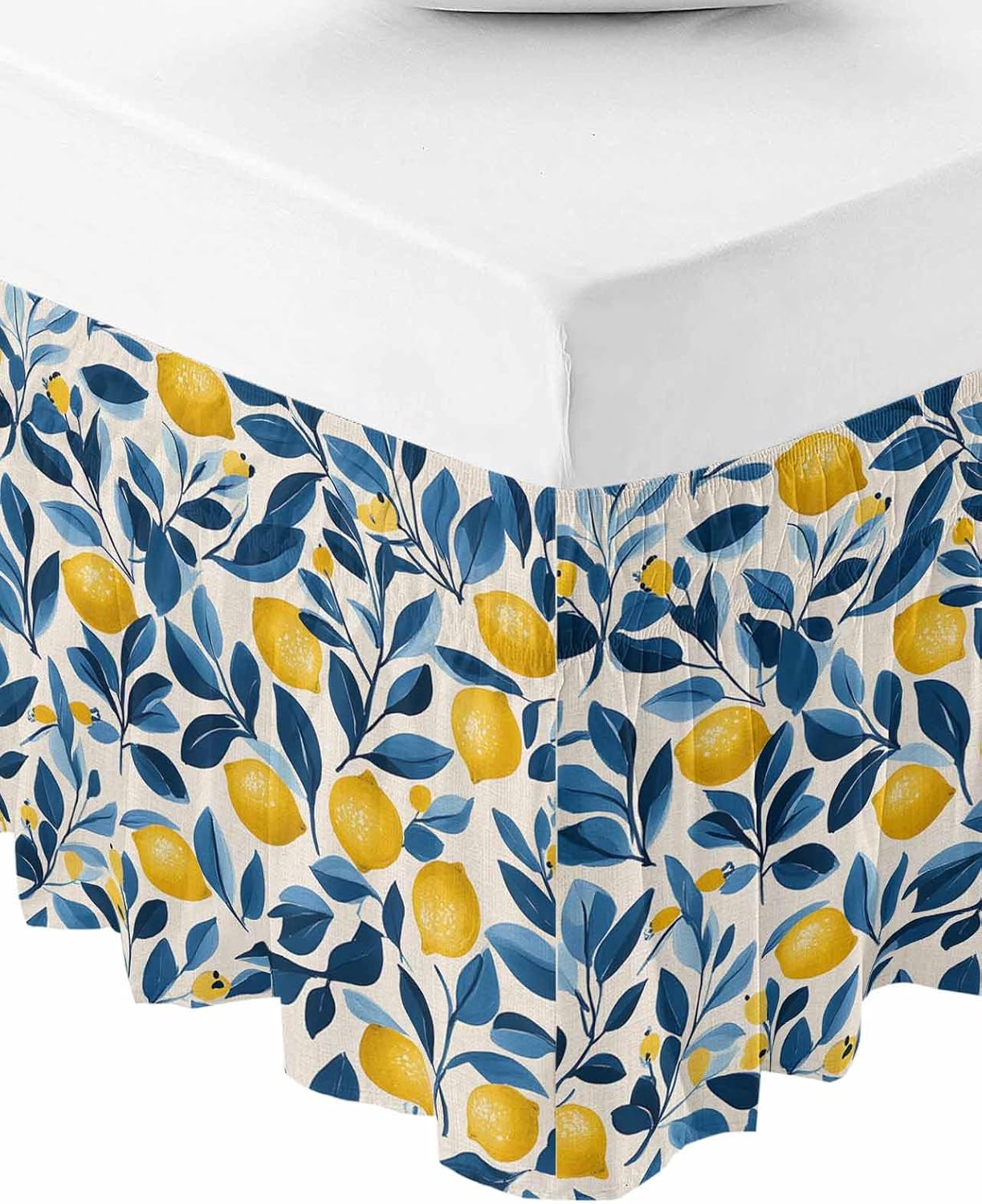 Lemon Bed Skirt Queen Size 16 Inch Drop, Adjustable Elastic Wrap Around Bed Skirts Easy Fitting Dust Ruffle Bedskirt Bed Frame Cover Watercolor Yellow Blue Fruit Branch Flower