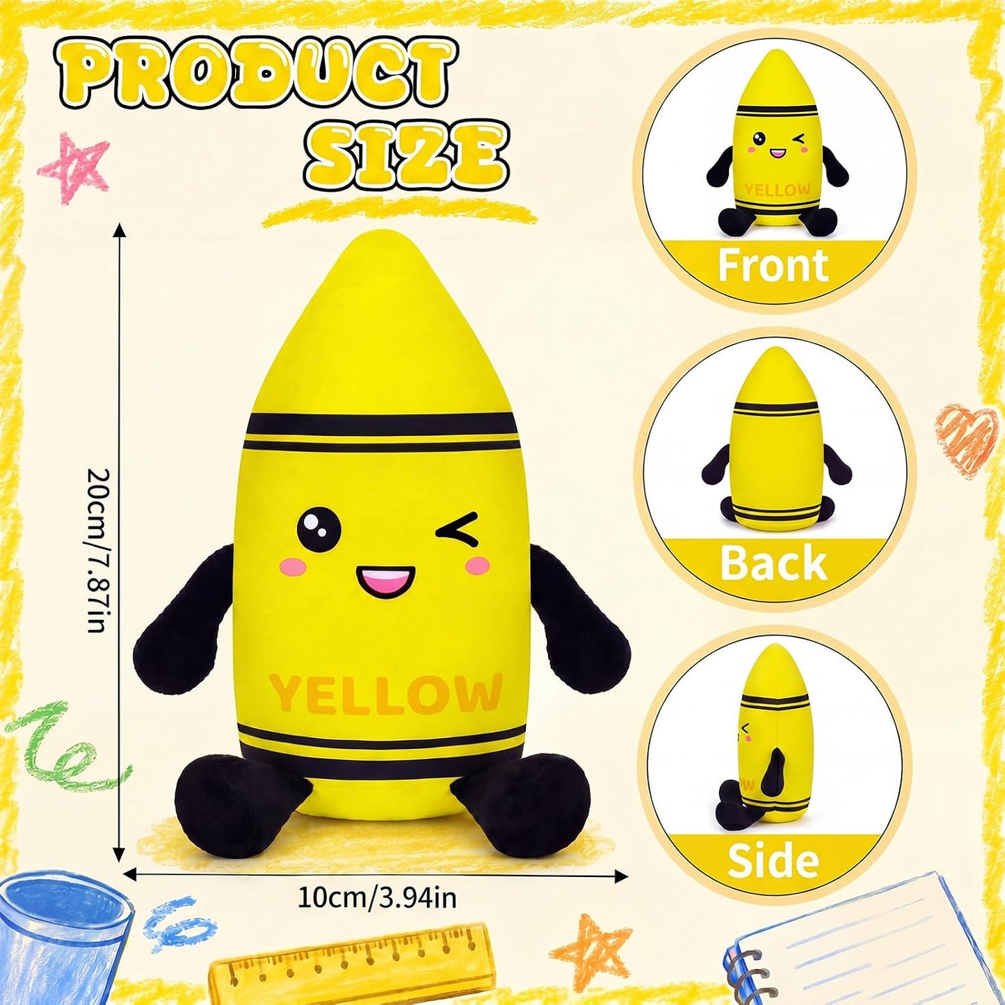 Classroom Stationery Plush Cute Composition Note Pencil Crayon Plush Toys Classroom Decor Book Character Stuffed Animal for Reading Room Decor Teacher Gift(Crayon,Yellow)