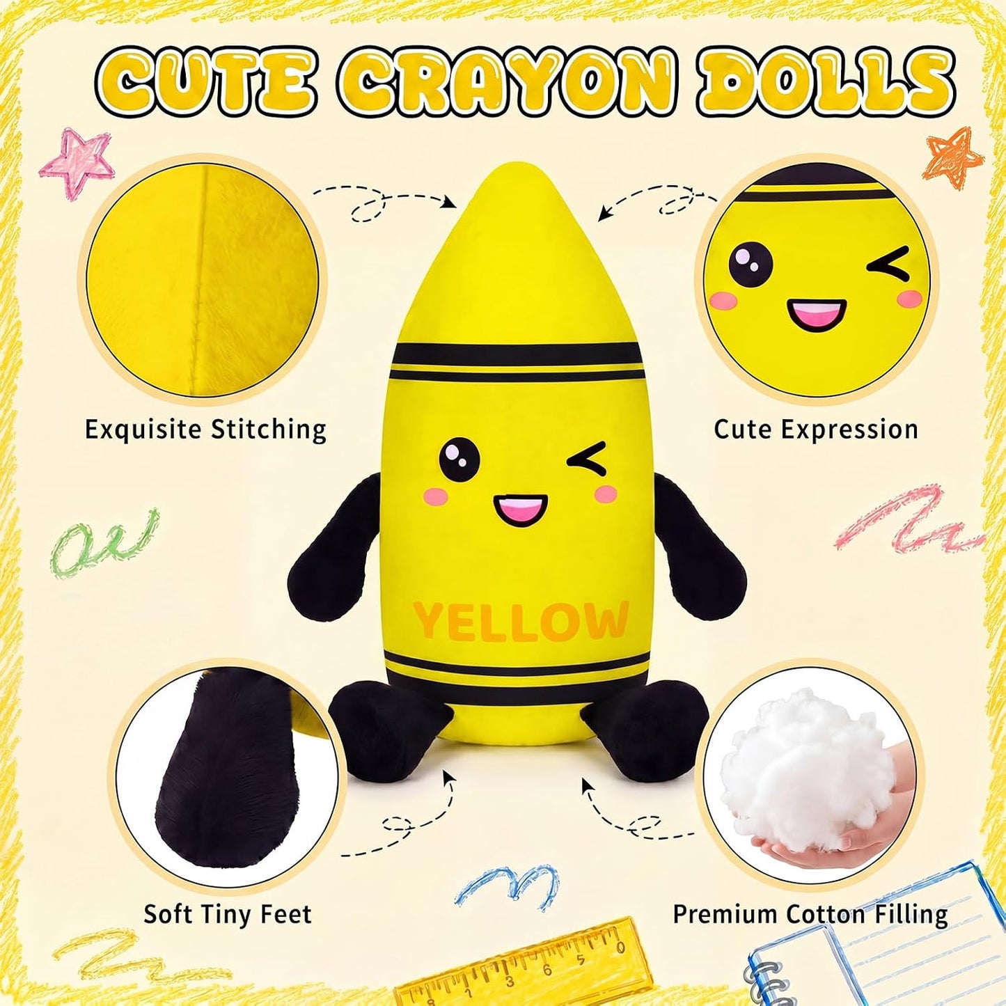Classroom Stationery Plush Cute Composition Note Pencil Crayon Plush Toys Classroom Decor Book Character Stuffed Animal for Reading Room Decor Teacher Gift(Crayon,Yellow)