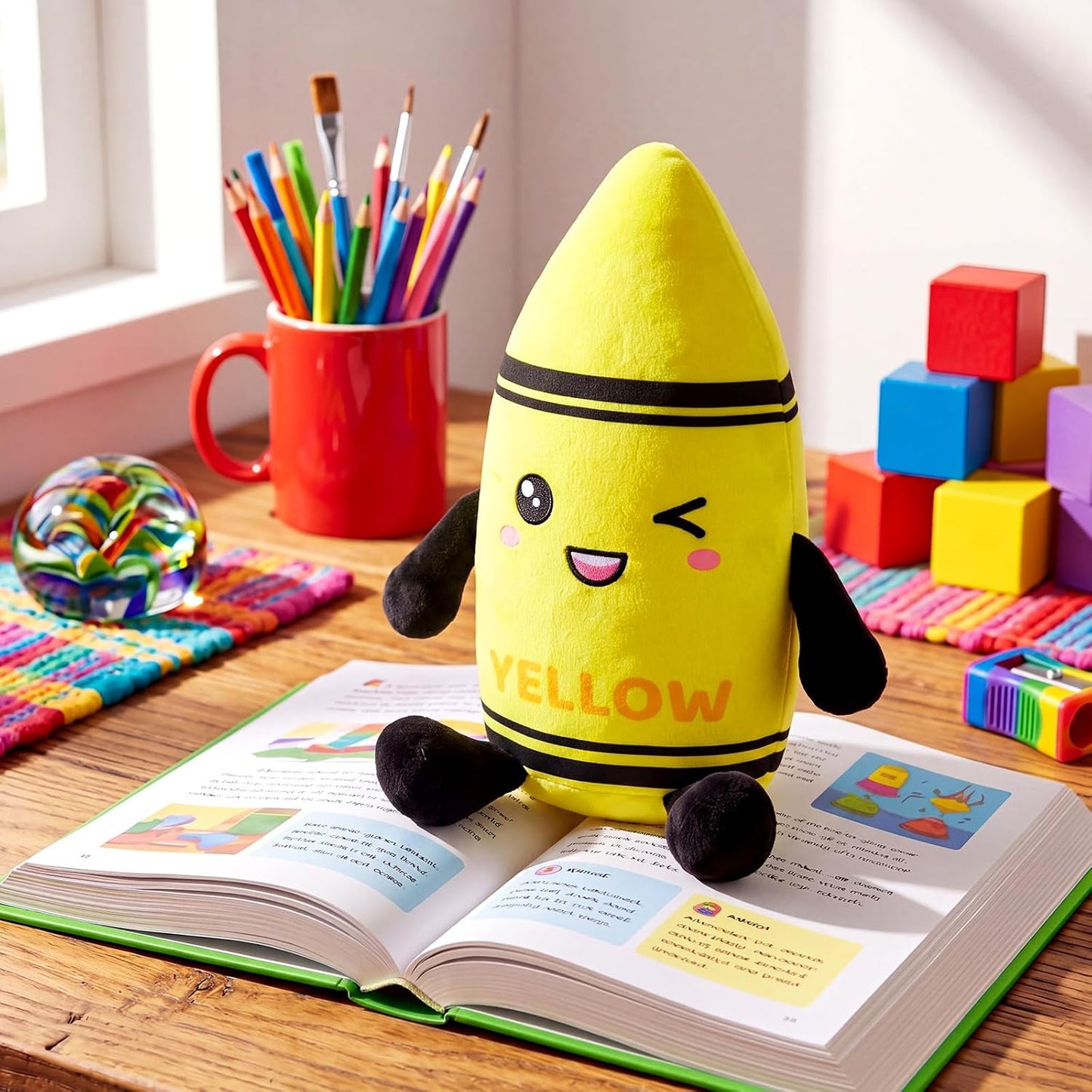 Classroom Stationery Plush Cute Composition Note Pencil Crayon Plush Toys Classroom Decor Book Character Stuffed Animal for Reading Room Decor Teacher Gift(Crayon,Yellow)