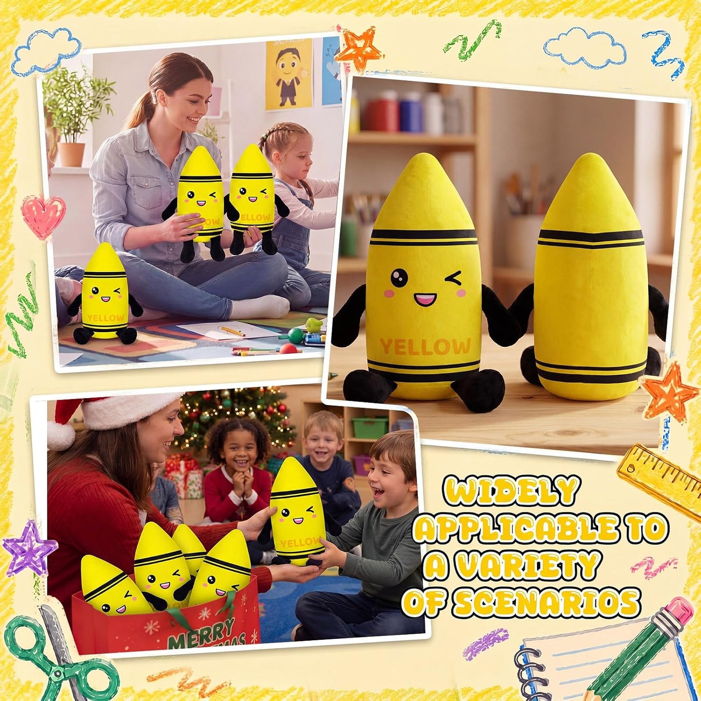 Classroom Stationery Plush Cute Composition Note Pencil Crayon Plush Toys Classroom Decor Book Character Stuffed Animal for Reading Room Decor Teacher Gift(Crayon,Yellow)