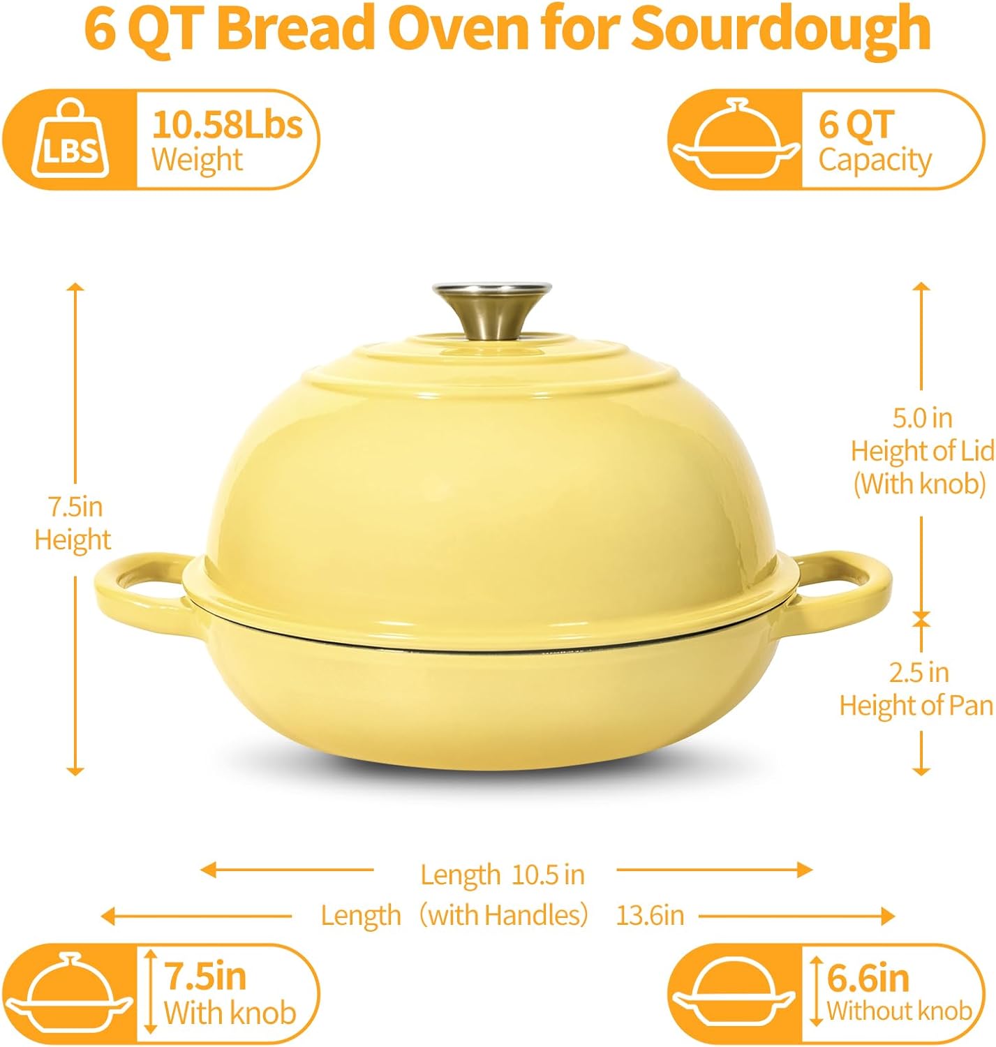 6QT Enameled Cast Iron Yellow Dutch Oven For Sourdough Bread Baking | Dutch Oven Pot With Lid,Non-stick Sourdough Baking Pan with Bread Dome,Round Ceramic Dutch Oven Pot for Homemade