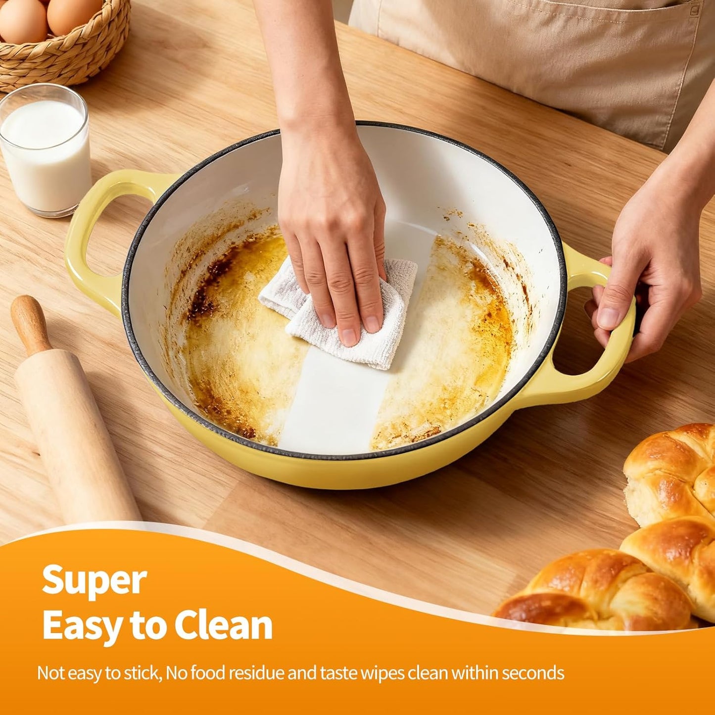 6QT Enameled Cast Iron Yellow Dutch Oven For Sourdough Bread Baking | Dutch Oven Pot With Lid,Non-stick Sourdough Baking Pan with Bread Dome,Round Ceramic Dutch Oven Pot for Homemade