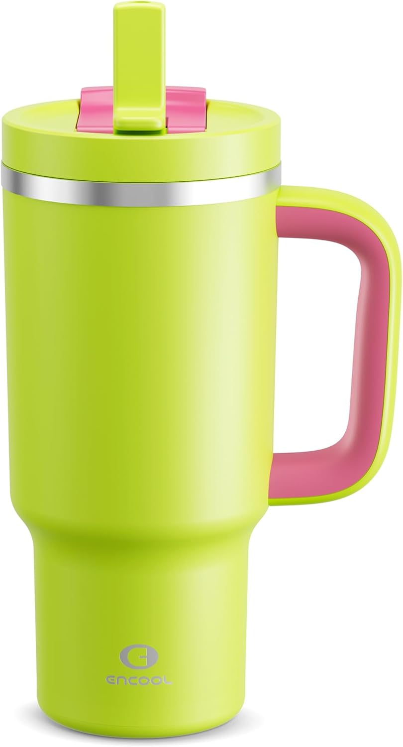 40 oz Tumbler with Handle and Straw: Stainless Steel Insulated Tumbler Keeps Cold for 24 Hours, Leakproof Travel Cup Fits in Cup Holder and BPA-Free,Elfin Yellow