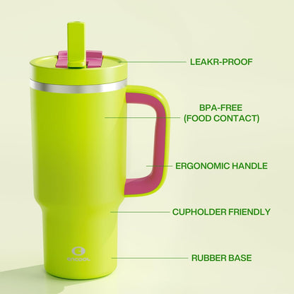 40 oz Tumbler with Handle and Straw: Stainless Steel Insulated Tumbler Keeps Cold for 24 Hours, Leakproof Travel Cup Fits in Cup Holder and BPA-Free,Elfin Yellow