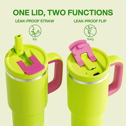 40 oz Tumbler with Handle and Straw: Stainless Steel Insulated Tumbler Keeps Cold for 24 Hours, Leakproof Travel Cup Fits in Cup Holder and BPA-Free,Elfin Yellow