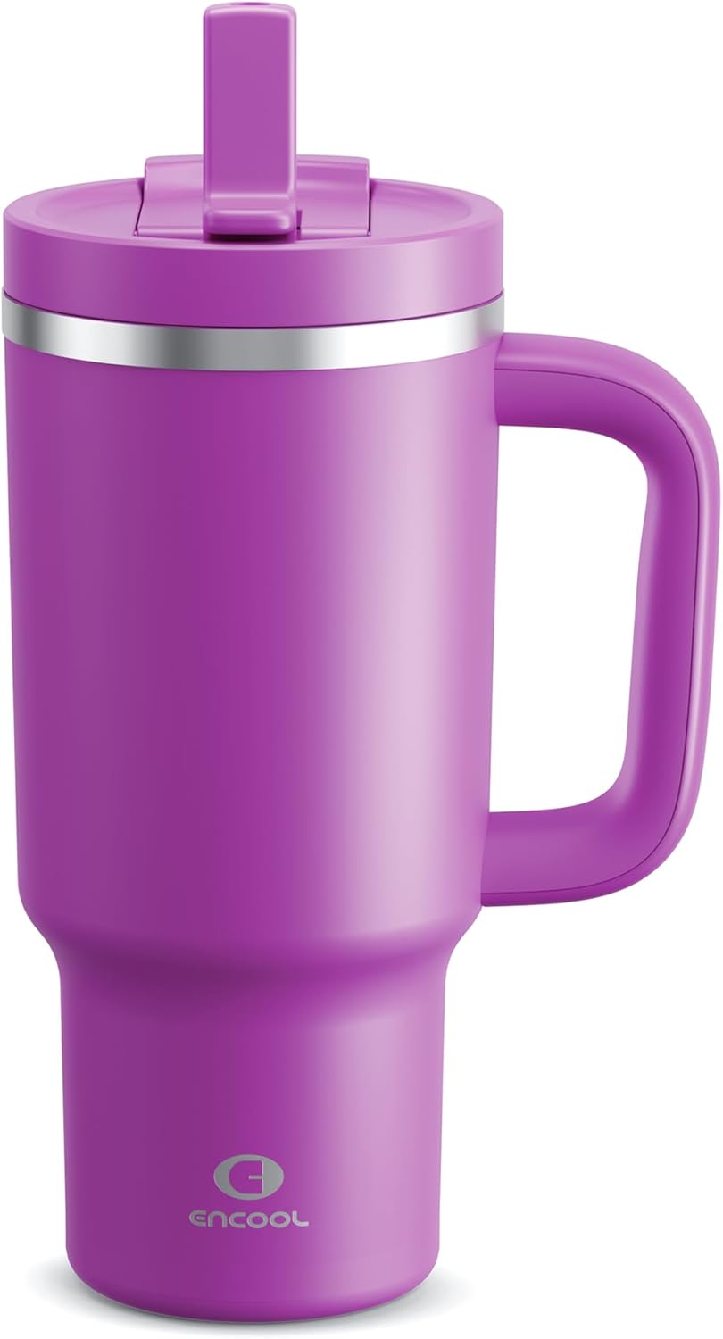 40 oz Tumbler with Handle and Straw: Stainless Steel Insulated Tumbler Keeps Cold for 24 Hours, Leakproof Travel Cup Fits in Cup Holder and BPA-Free,Elfin Yellow