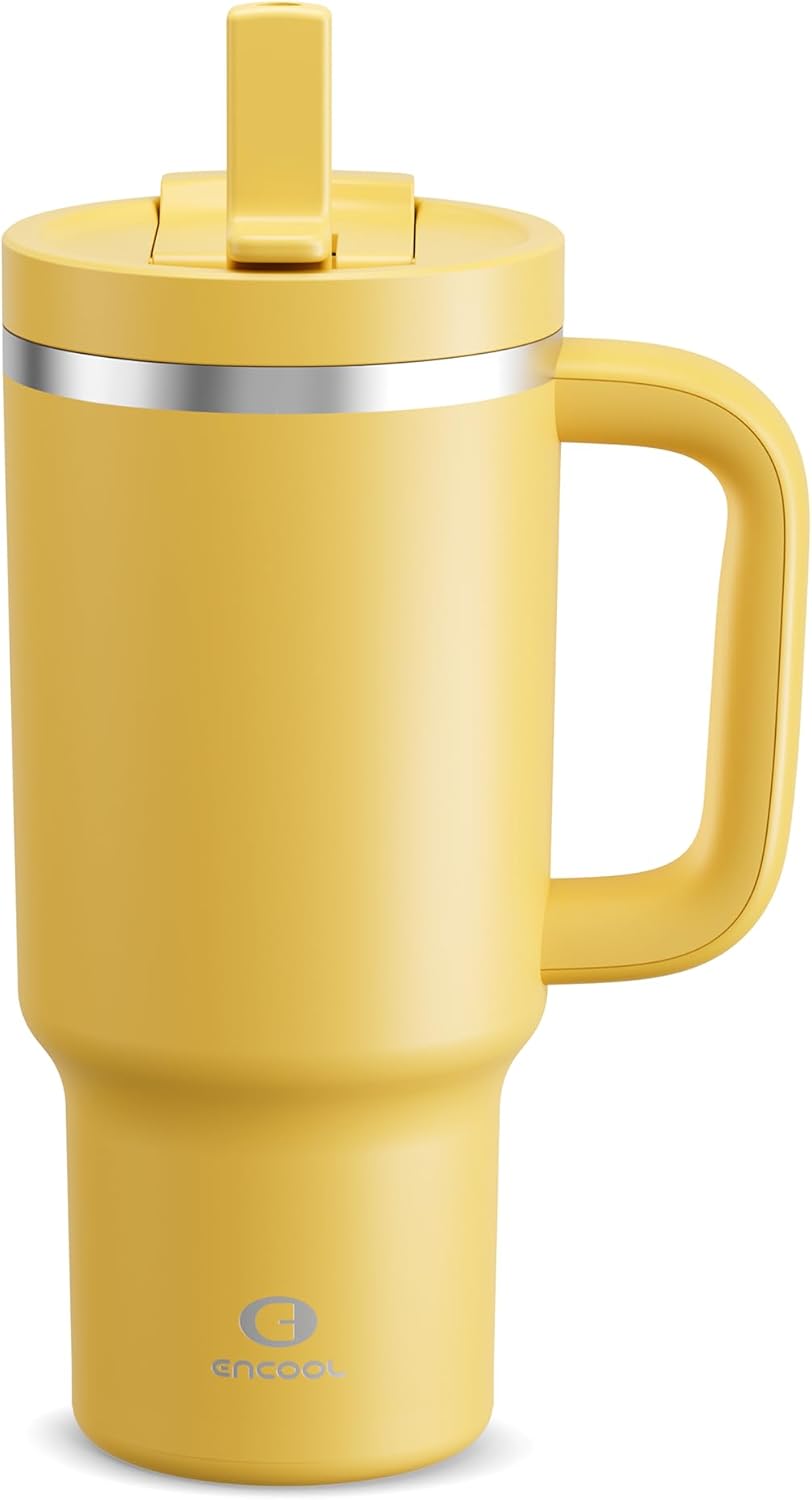 40 oz Tumbler with Handle and Straw: Stainless Steel Insulated Tumbler Keeps Cold for 24 Hours, Leakproof Travel Cup Fits in Cup Holder and BPA-Free,Elfin Yellow