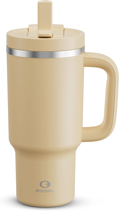 40 oz Tumbler with Handle and Straw: Stainless Steel Insulated Tumbler Keeps Cold for 24 Hours, Leakproof Travel Cup Fits in Cup Holder and BPA-Free,Elfin Yellow
