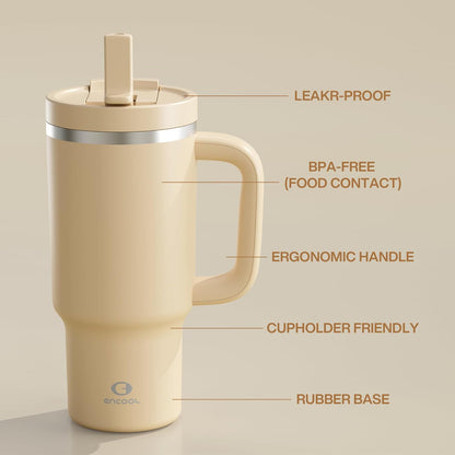 40 oz Tumbler with Handle and Straw: Stainless Steel Insulated Tumbler Keeps Cold for 24 Hours, Leakproof Travel Cup Fits in Cup Holder and BPA-Free,Elfin Yellow