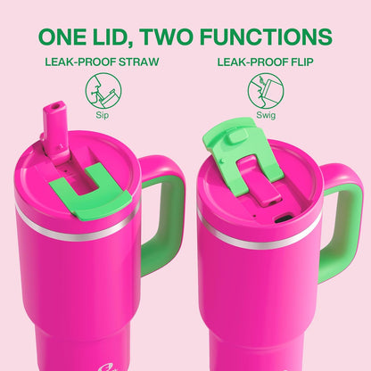 40 oz Tumbler with Handle and Straw: Stainless Steel Insulated Tumbler Keeps Cold for 24 Hours, Leakproof Travel Cup Fits in Cup Holder and BPA-Free,Elfin Yellow