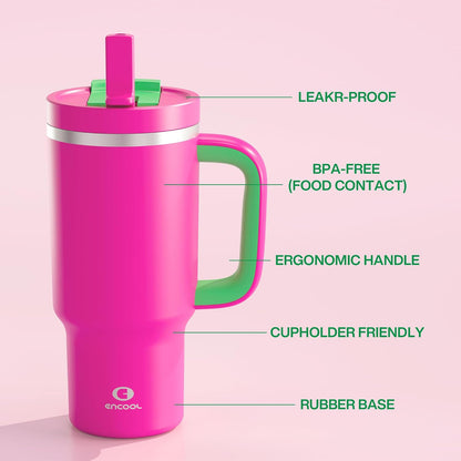 40 oz Tumbler with Handle and Straw: Stainless Steel Insulated Tumbler Keeps Cold for 24 Hours, Leakproof Travel Cup Fits in Cup Holder and BPA-Free,Elfin Yellow