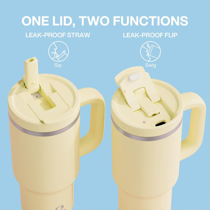 40 oz Tumbler with Handle and Straw: Stainless Steel Insulated Tumbler Keeps Cold for 24 Hours, Leakproof Travel Cup Fits in Cup Holder and BPA-Free,Elfin Yellow