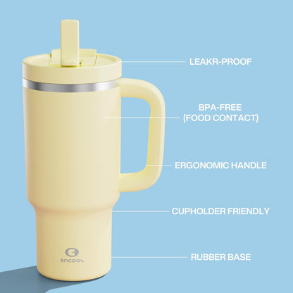 40 oz Tumbler with Handle and Straw: Stainless Steel Insulated Tumbler Keeps Cold for 24 Hours, Leakproof Travel Cup Fits in Cup Holder and BPA-Free,Elfin Yellow