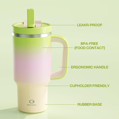 40 oz Tumbler with Handle and Straw: Stainless Steel Insulated Tumbler Keeps Cold for 24 Hours, Leakproof Travel Cup Fits in Cup Holder and BPA-Free,Elfin Yellow