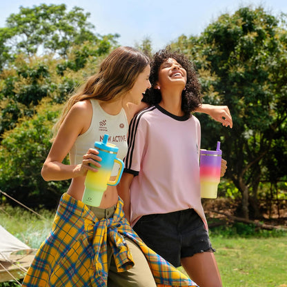 40 oz Tumbler with Handle and Straw: Stainless Steel Insulated Tumbler Keeps Cold for 24 Hours, Leakproof Travel Cup Fits in Cup Holder and BPA-Free,Elfin Yellow