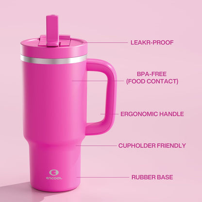40 oz Tumbler with Handle and Straw: Stainless Steel Insulated Tumbler Keeps Cold for 24 Hours, Leakproof Travel Cup Fits in Cup Holder and BPA-Free,Elfin Yellow