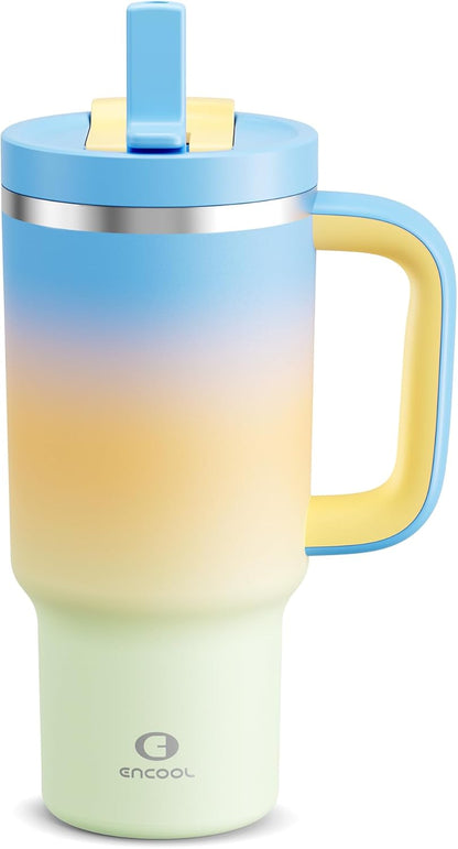 40 oz Tumbler with Handle and Straw: Stainless Steel Insulated Tumbler Keeps Cold for 24 Hours, Leakproof Travel Cup Fits in Cup Holder and BPA-Free,Elfin Yellow
