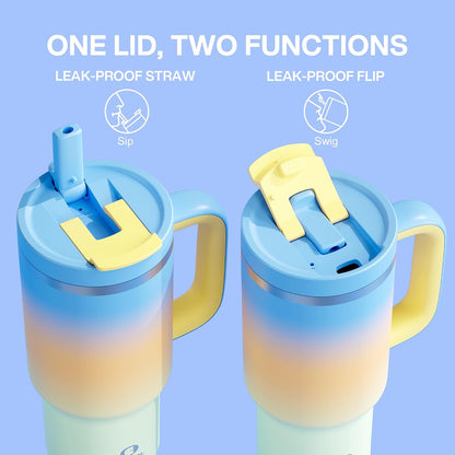40 oz Tumbler with Handle and Straw: Stainless Steel Insulated Tumbler Keeps Cold for 24 Hours, Leakproof Travel Cup Fits in Cup Holder and BPA-Free,Elfin Yellow