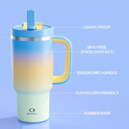 40 oz Tumbler with Handle and Straw: Stainless Steel Insulated Tumbler Keeps Cold for 24 Hours, Leakproof Travel Cup Fits in Cup Holder and BPA-Free,Elfin Yellow