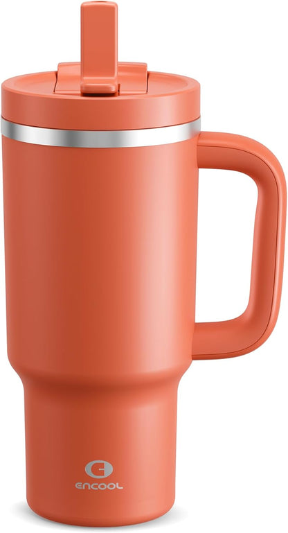40 oz Tumbler with Handle and Straw: Stainless Steel Insulated Tumbler Keeps Cold for 24 Hours, Leakproof Travel Cup Fits in Cup Holder and BPA-Free,Elfin Yellow