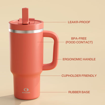 40 oz Tumbler with Handle and Straw: Stainless Steel Insulated Tumbler Keeps Cold for 24 Hours, Leakproof Travel Cup Fits in Cup Holder and BPA-Free,Elfin Yellow