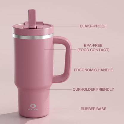 40 oz Tumbler with Handle and Straw: Stainless Steel Insulated Tumbler Keeps Cold for 24 Hours, Leakproof Travel Cup Fits in Cup Holder and BPA-Free,Elfin Yellow