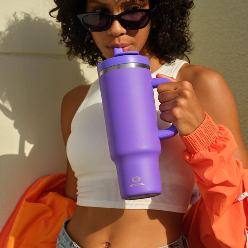40 oz Tumbler with Handle and Straw: Stainless Steel Insulated Tumbler Keeps Cold for 24 Hours, Leakproof Travel Cup Fits in Cup Holder and BPA-Free,Elfin Yellow