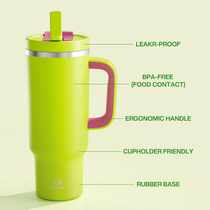 40 oz Tumbler with Handle and Straw: Stainless Steel Insulated Tumbler Keeps Cold for 24 Hours, Leakproof Travel Cup Fits in Cup Holder and BPA-Free,Elfin Yellow