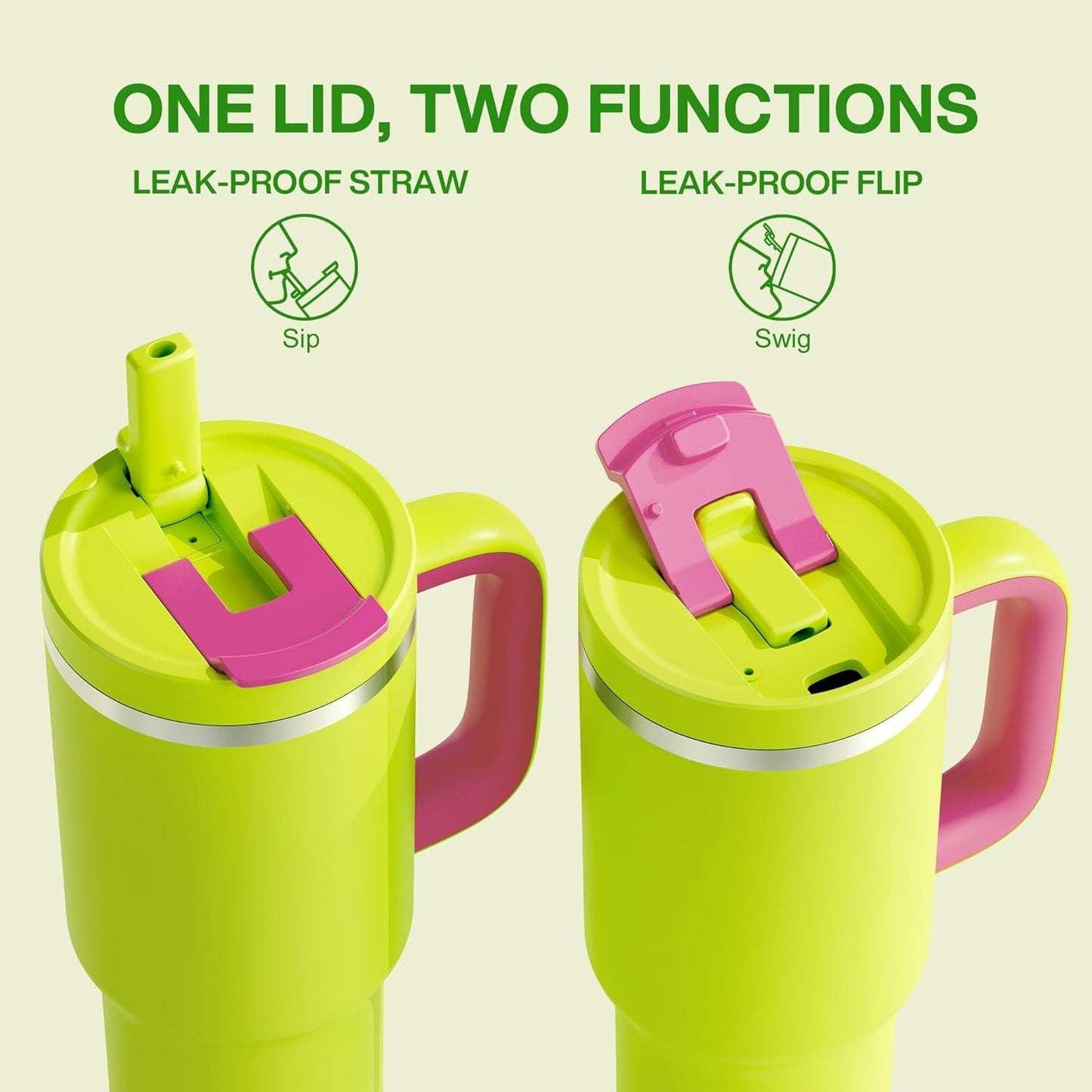 40 oz Tumbler with Handle and Straw: Stainless Steel Insulated Tumbler Keeps Cold for 24 Hours, Leakproof Travel Cup Fits in Cup Holder and BPA-Free,Elfin Yellow