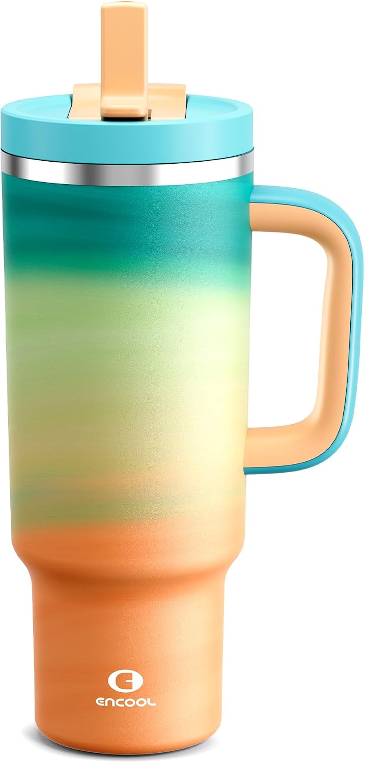 40 oz Tumbler with Handle and Straw: Stainless Steel Insulated Tumbler Keeps Cold for 24 Hours, Leakproof Travel Cup Fits in Cup Holder and BPA-Free,Elfin Yellow