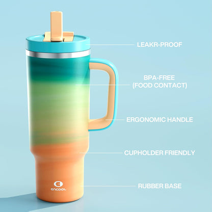 40 oz Tumbler with Handle and Straw: Stainless Steel Insulated Tumbler Keeps Cold for 24 Hours, Leakproof Travel Cup Fits in Cup Holder and BPA-Free,Elfin Yellow