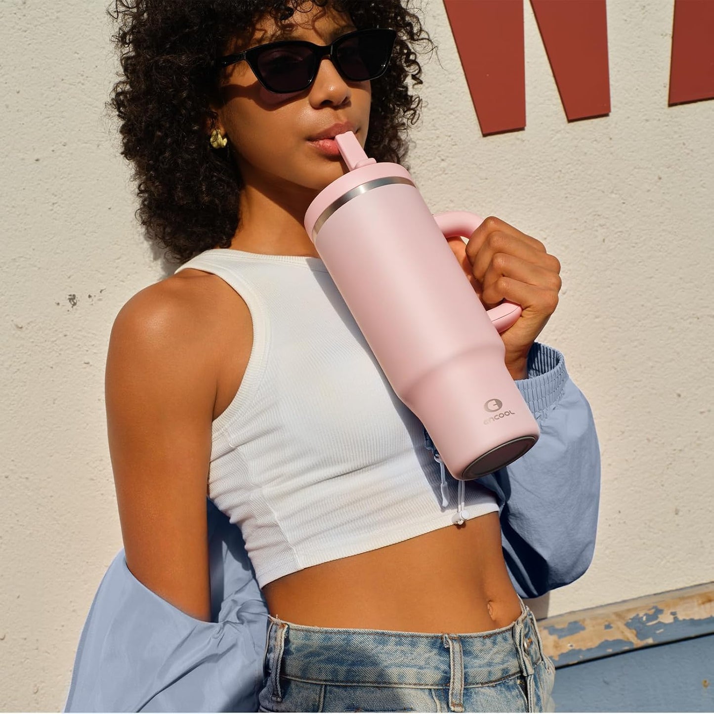 40 oz Tumbler with Handle and Straw: Stainless Steel Insulated Tumbler Keeps Cold for 24 Hours, Leakproof Travel Cup Fits in Cup Holder and BPA-Free,Elfin Yellow