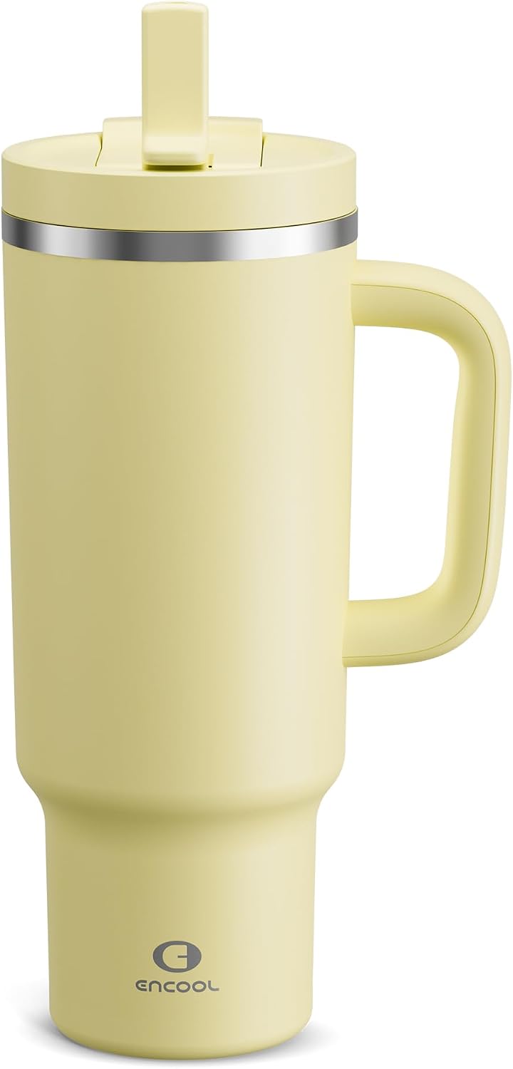 40 oz Tumbler with Handle and Straw: Stainless Steel Insulated Tumbler Keeps Cold for 24 Hours, Leakproof Travel Cup Fits in Cup Holder and BPA-Free,Elfin Yellow