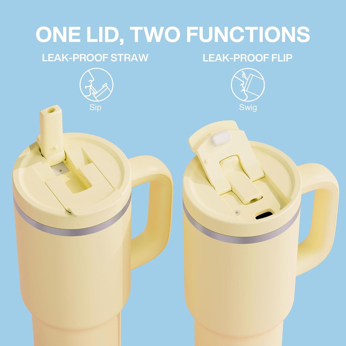 40 oz Tumbler with Handle and Straw: Stainless Steel Insulated Tumbler Keeps Cold for 24 Hours, Leakproof Travel Cup Fits in Cup Holder and BPA-Free,Elfin Yellow
