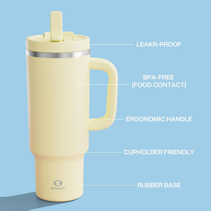 40 oz Tumbler with Handle and Straw: Stainless Steel Insulated Tumbler Keeps Cold for 24 Hours, Leakproof Travel Cup Fits in Cup Holder and BPA-Free,Elfin Yellow