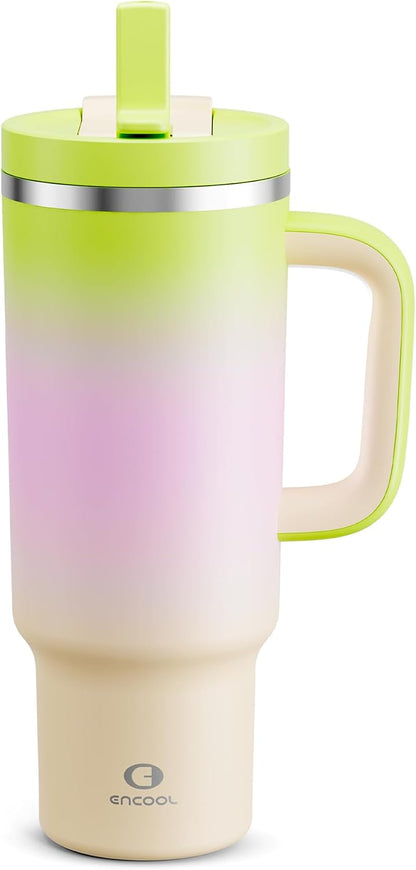 40 oz Tumbler with Handle and Straw: Stainless Steel Insulated Tumbler Keeps Cold for 24 Hours, Leakproof Travel Cup Fits in Cup Holder and BPA-Free,Elfin Yellow