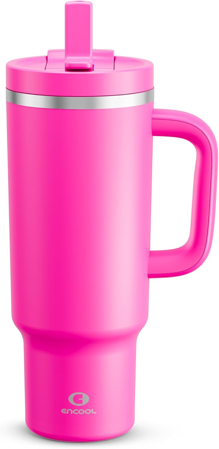 40 oz Tumbler with Handle and Straw: Stainless Steel Insulated Tumbler Keeps Cold for 24 Hours, Leakproof Travel Cup Fits in Cup Holder and BPA-Free,Elfin Yellow