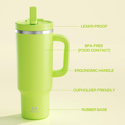 40 oz Tumbler with Handle and Straw: Stainless Steel Insulated Tumbler Keeps Cold for 24 Hours, Leakproof Travel Cup Fits in Cup Holder and BPA-Free,Elfin Yellow