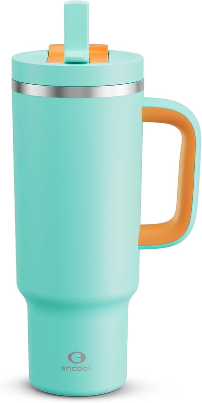 40 oz Tumbler with Handle and Straw: Stainless Steel Insulated Tumbler Keeps Cold for 24 Hours, Leakproof Travel Cup Fits in Cup Holder and BPA-Free,Elfin Yellow
