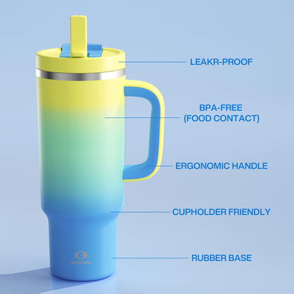 40 oz Tumbler with Handle and Straw: Stainless Steel Insulated Tumbler Keeps Cold for 24 Hours, Leakproof Travel Cup Fits in Cup Holder and BPA-Free,Elfin Yellow