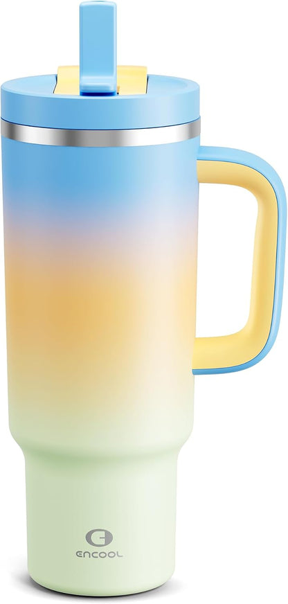 40 oz Tumbler with Handle and Straw: Stainless Steel Insulated Tumbler Keeps Cold for 24 Hours, Leakproof Travel Cup Fits in Cup Holder and BPA-Free,Elfin Yellow