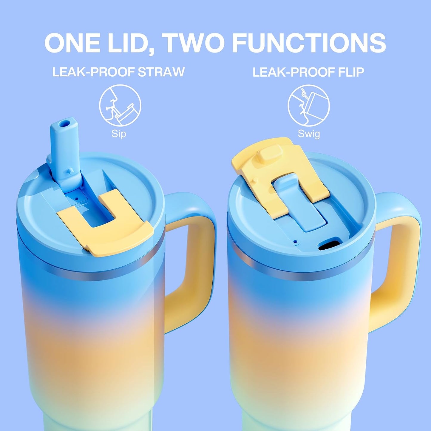 40 oz Tumbler with Handle and Straw: Stainless Steel Insulated Tumbler Keeps Cold for 24 Hours, Leakproof Travel Cup Fits in Cup Holder and BPA-Free,Elfin Yellow