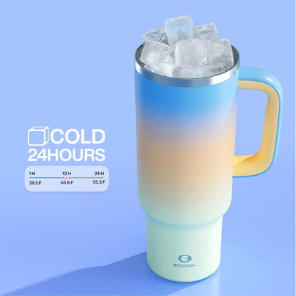 40 oz Tumbler with Handle and Straw: Stainless Steel Insulated Tumbler Keeps Cold for 24 Hours, Leakproof Travel Cup Fits in Cup Holder and BPA-Free,Elfin Yellow